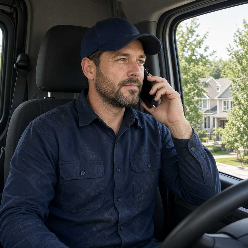 Man in a navy cap and work shirt talking on a phone in the driver's seat, with a house and trees outside the window.