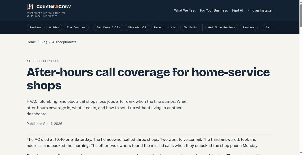 After-hours call coverage pillar on Counter & Crew