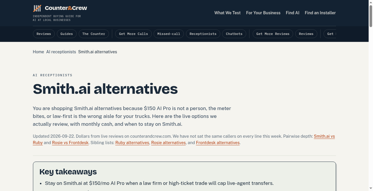 Smith.ai alternatives on Counter & Crew, including 24-hour coverage framing