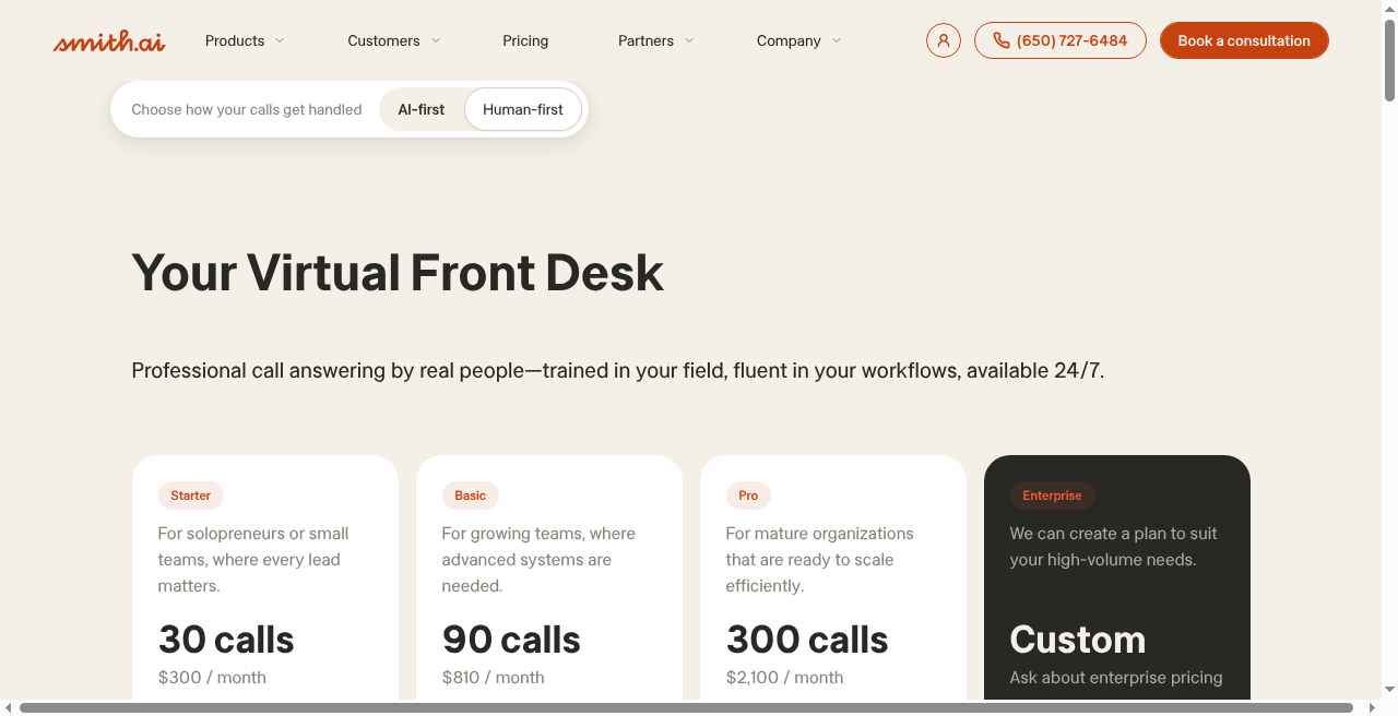 Smith.ai human receptionist public pricing