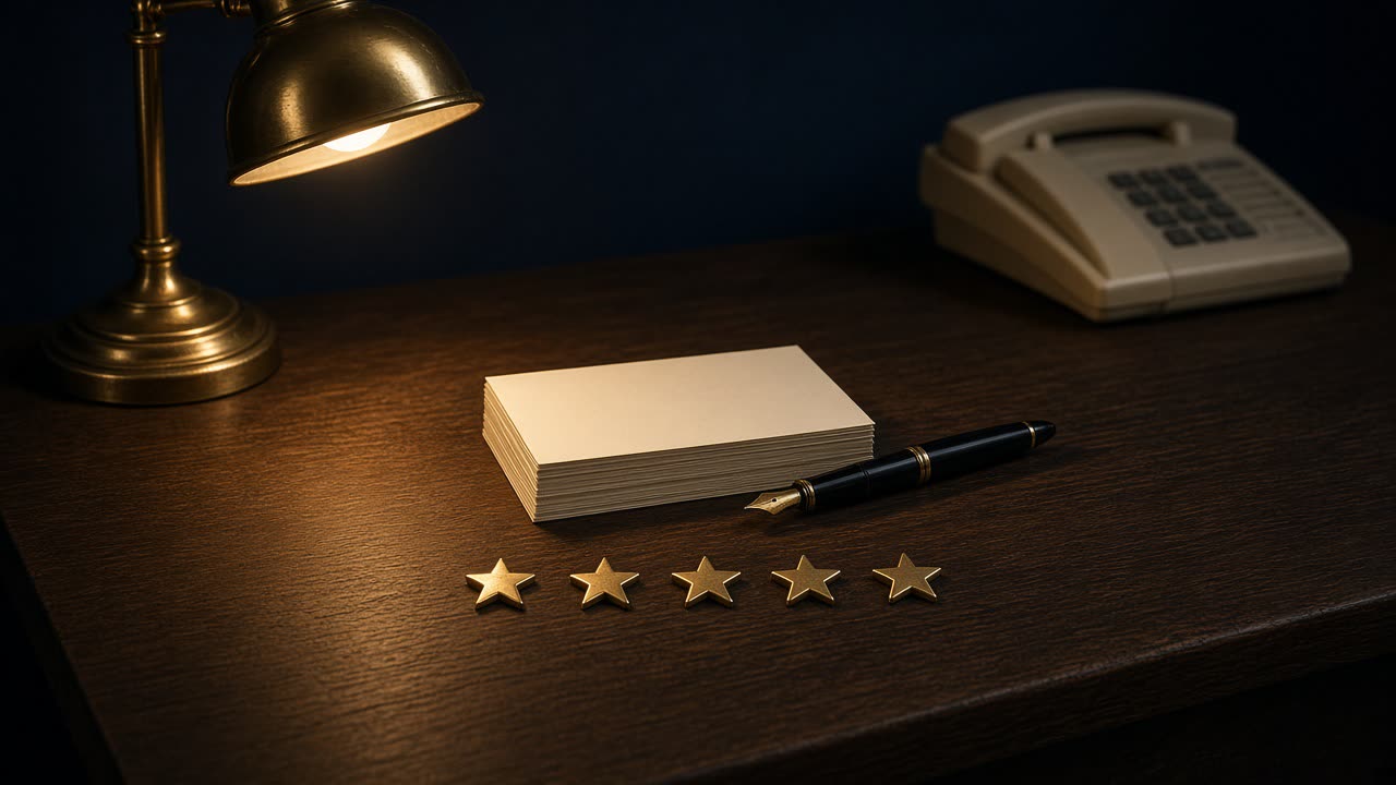 Five brass stars in a row on a dark oak desk, with blank cream cards, a fountain pen, and a cream phone under a brass lamp.