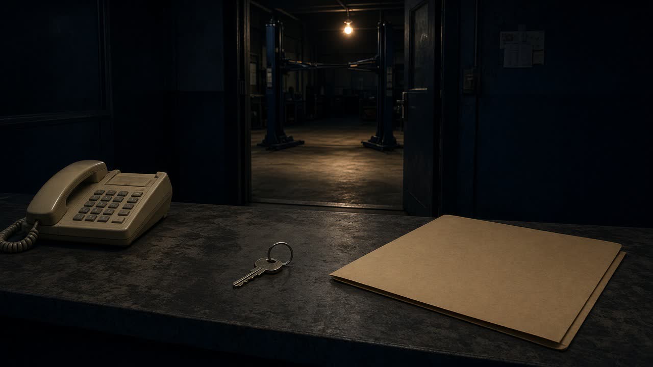 A beige shop phone, a car key, and a blank manila folder on a dark counter, with an empty lift glowing in the bay behind.
