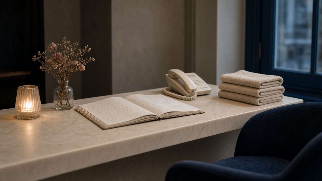 A cream front-desk counter with an open appointment book, a telephone, folded towels, dried flowers, and a navy chair.