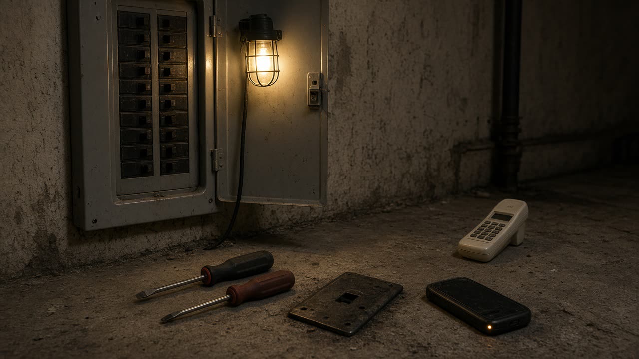 An open unmarked breaker panel and a caged trouble light in a basement, with screwdrivers, a scorched outlet plate, and two phones on the concrete.