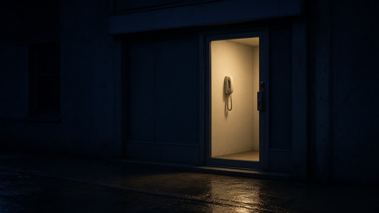 A blank glass shop door at night, a cream wall phone lit inside, and wet pavement reflecting the warm light.