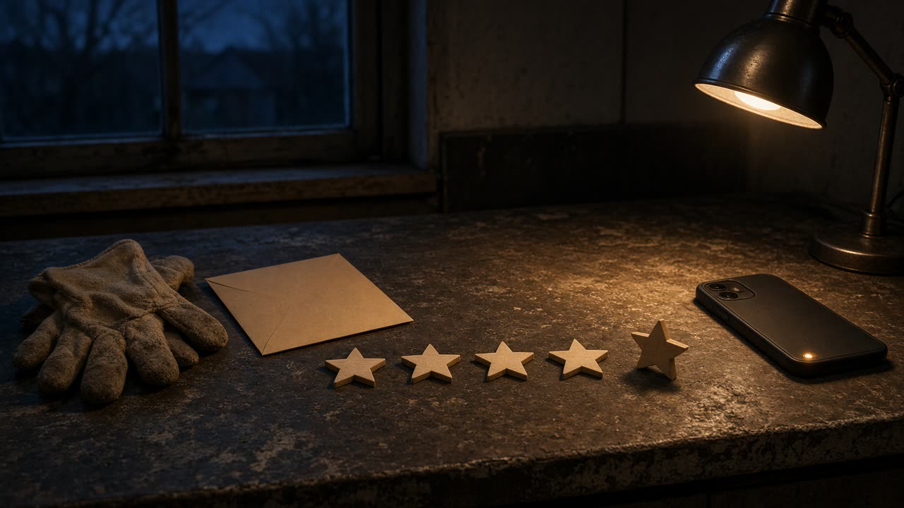 Work gloves and a blank kraft envelope beside five wooden stars, the last one tipped, and a dark phone with one amber light on a kitchen counter at dusk.