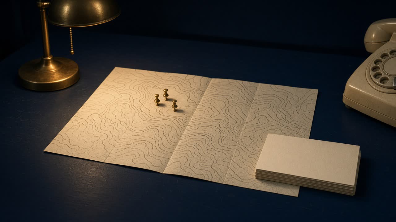 An unfolded paper map with three brass pins, a stack of blank cards, and the edge of a cream rotary phone under a brass lamp.
