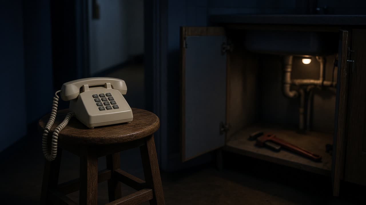 A cream telephone unanswered on a wooden stool, with an open under-sink cabinet, a pipe wrench, and a small work light behind it.