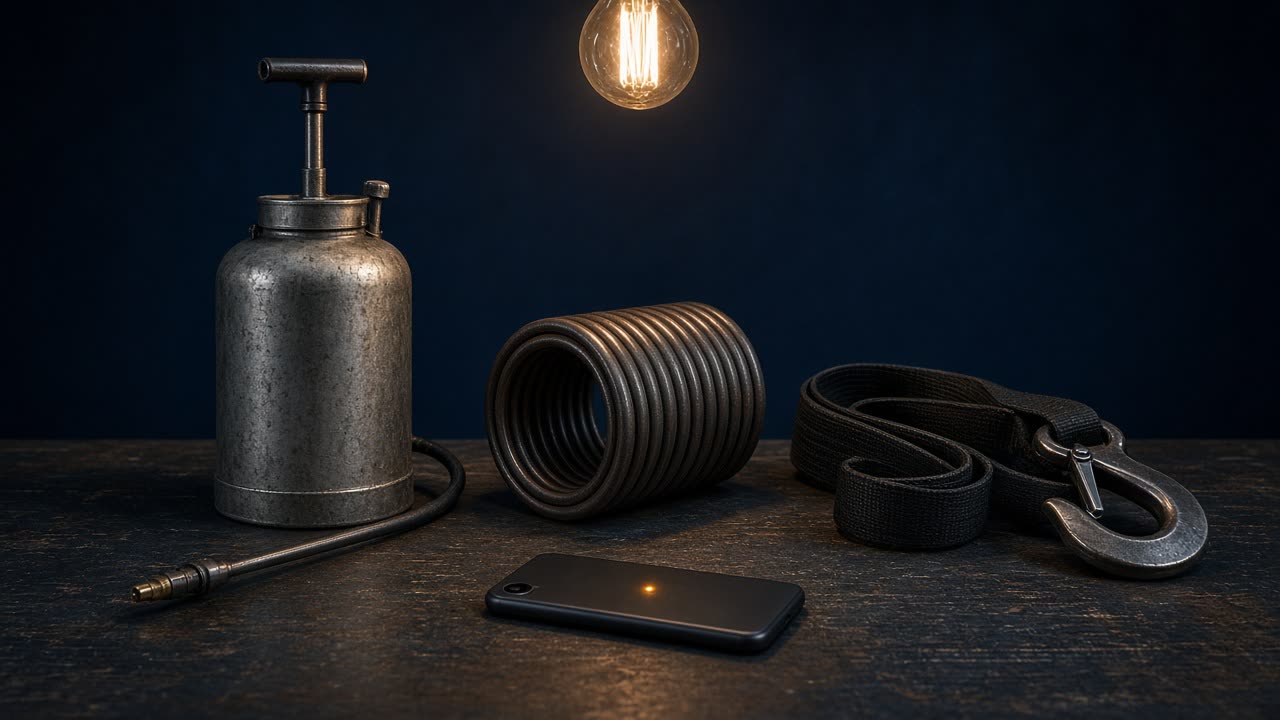 A plain metal sprayer, a coiled garage-door spring, and a tow strap with a hook on a dark bench, with one phone under a hanging bulb.