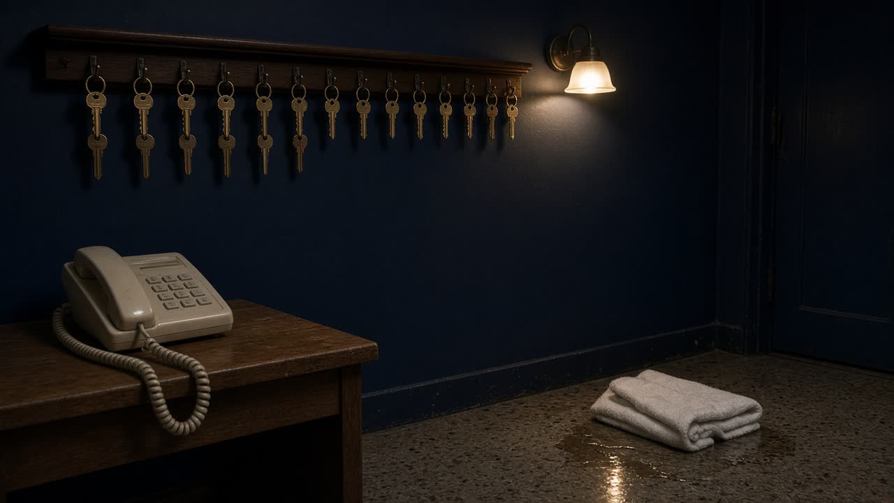 A row of brass apartment keys above a beige desk phone, with a folded towel and a thin puddle by a dark unit door.
