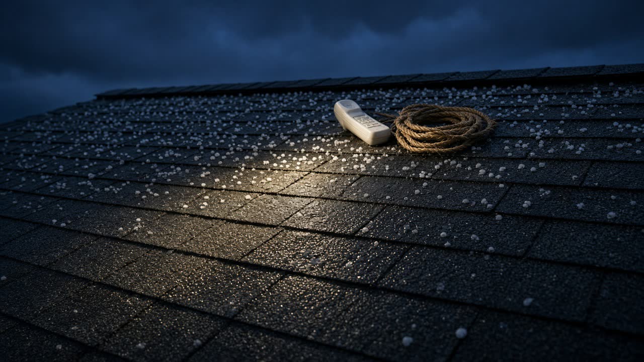 Wet asphalt shingles scattered with hail, a cream cordless phone, and a coil of rope under a storm sky.