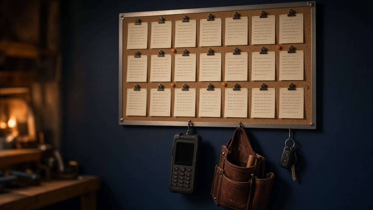 A cork job board of clipped work orders on a navy wall, with a work phone, leather tool belt, and truck keys hanging below.