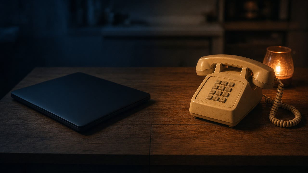 A closed laptop in cool shadow beside a cream corded phone lit by a small warm lamp on a wooden table.