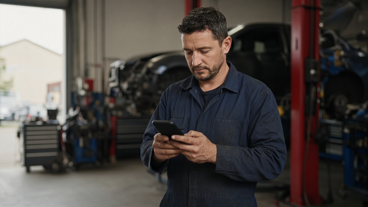 Auto repair tech checking a phone in the bay